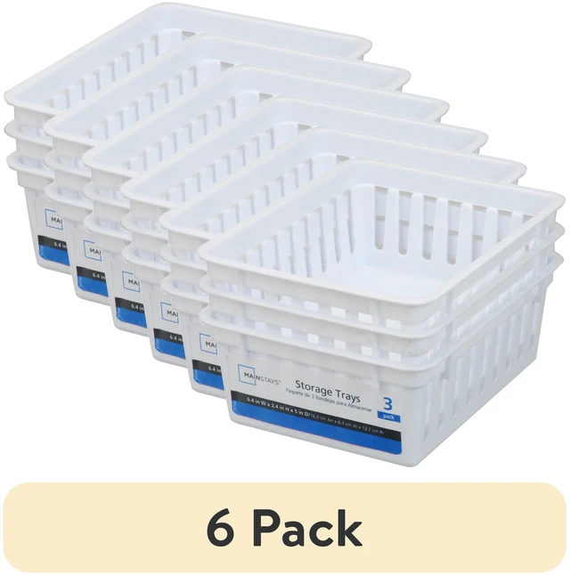 Main image of (6 pack) Mainstays 3-Pack Square Mini Plastic Storage Tray Organizers, Stackable Drawer Organizer Bins for Kitchen, Desk, Bathroom and Vanity Organization, White