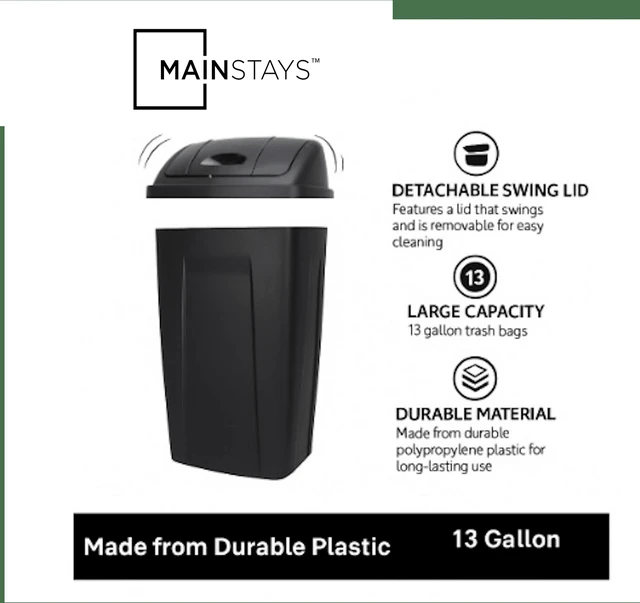 Alt view image 2 of 6 - Mainstays Kitchen Trash Can, 13 Gallon Plastic Garbage Bin with Swing Top Lid, Black