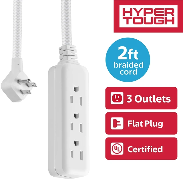Main image of Hyper Tough Flat Plug Extension Cord, 3 Outlets, 2 ft Braided Fabric Cord, 3-Prong Grounded, Indoor, White