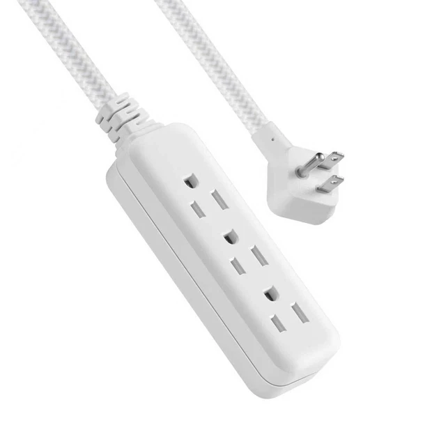 Alt view image 5 of 5 - Hyper Tough Flat Plug Extension Cord, 3 Outlets, 2 ft Braided Fabric Cord, 3-Prong Grounded, Indoor, White