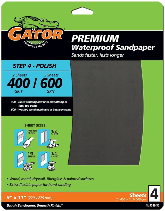 Main image of Gator 438930 Premium Waterproof Sandpaper Combo Pack, 9x11 in, 400/600 Grit, 4 Pieces