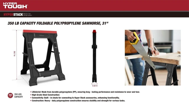 Alt view image 5 of 5 - Hyper Tough Hyper Stack 350 Lb Capacity Foldable Polypropylene Sawhorse, 31 In