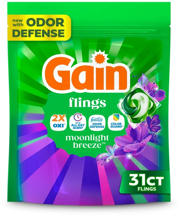 Main image of Gain Flings 4-in-1 Oxi Boost and Febreze Laundry Detergent Pacs, Moonlight Breeze Scent, 31 Count