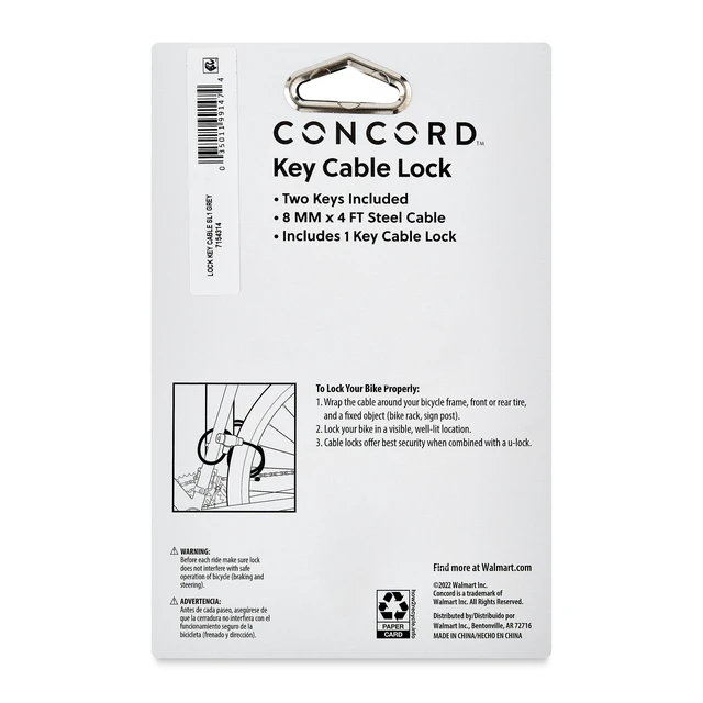 Alt view image 6 of 6 - Concord 8mm Key Cable Bicycle Lock