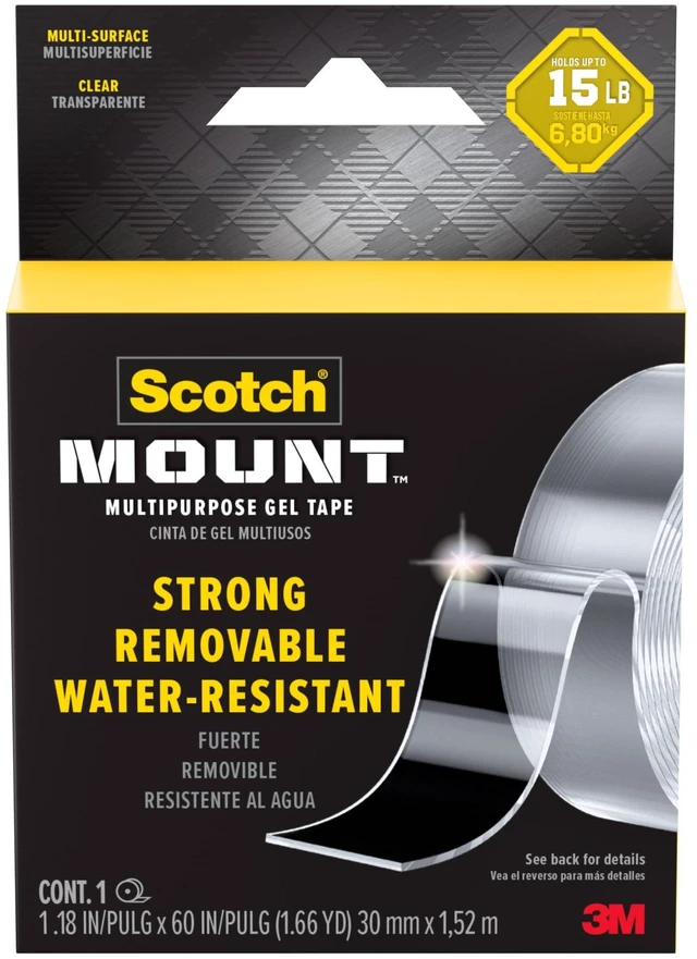 Main image of Scotch-Mount Multipurpose Gel Tape, Clear, 1.18in x 60in, Holds 15lbs, 1Pack