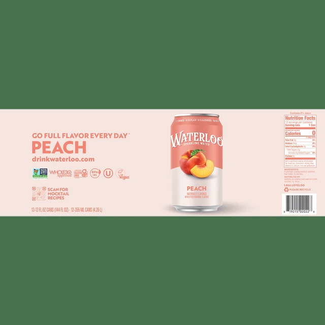 Alt view image 3 of 5 - Waterloo Sparkling Water Peach 12fl oz 12-Pack Cans