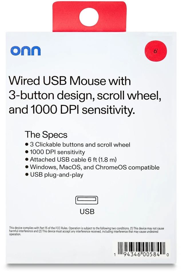 Alt view image 6 of 6 - Onn Wired USB Mouse, 3 Buttons, Gray