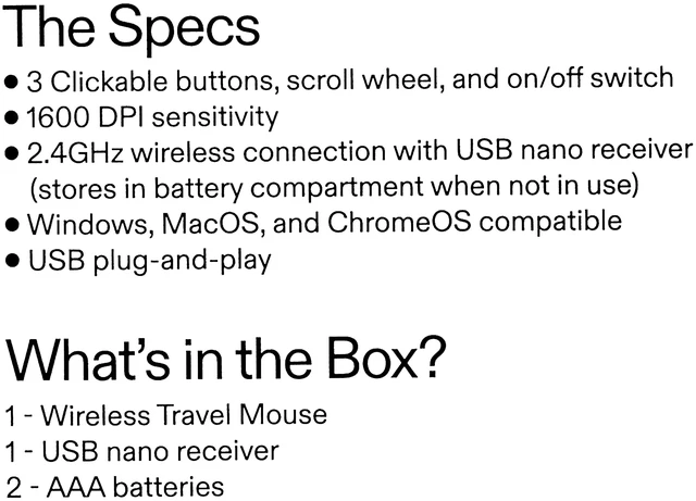 Alt view image 2 of 6 - Onn Wireless Travel Mouse with 3 Buttons and Scroll Wheel and Wireless USB Receiver, White