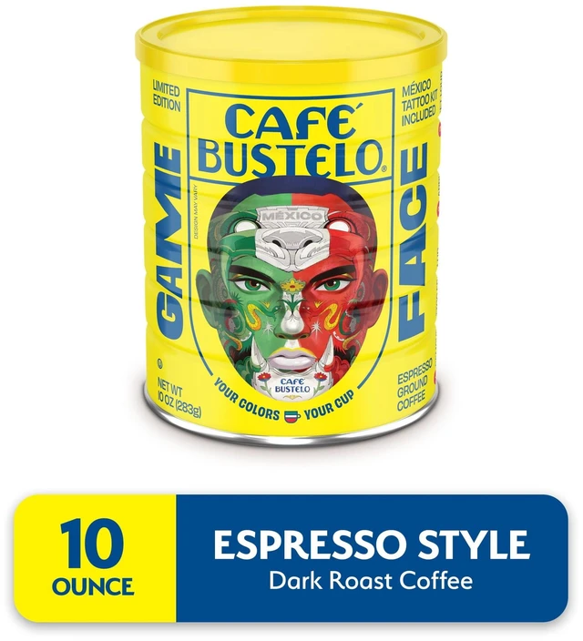 Alt view image 5 of 6 - Cafe Bustelo Espresso Style Dark Roast Ground Coffee, Limited Edition Game Face Design with Tattoo Kit, 10oz Can