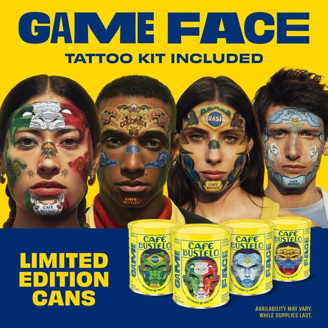 Alt view image 3 of 6 - Cafe Bustelo Espresso Style Dark Roast Ground Coffee, Limited Edition Game Face Design with Tattoo Kit, 10oz Can
