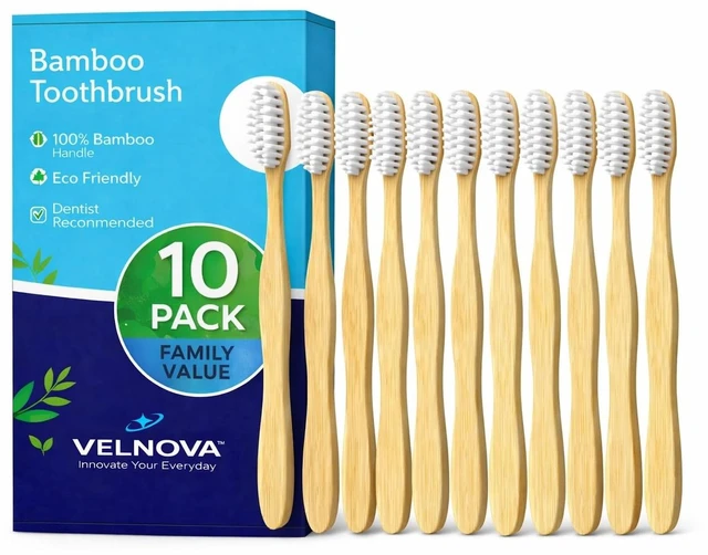 Main image of Bamboo Toothbrushes 10 Pack, Soft BPA-Free Bristles, Natural Biodegradable Wooden Handle, for Adults & Kids, Plastic-Free Eco-Friendly