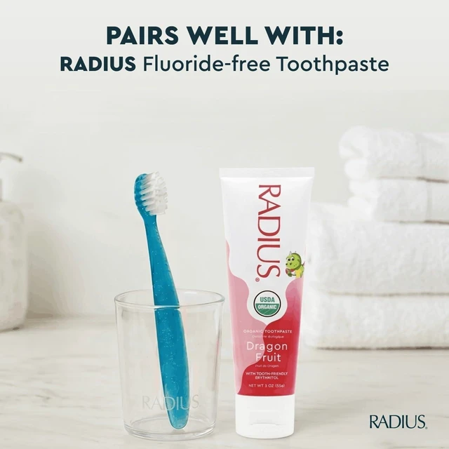 Alt view image 4 of 6 - RADIUS Tiny Totz Toddler Toothbrush, Ages 1+, Extra Soft Plant Based Bristles, Cornerless Head, BPA Free, ADA Accepted, Made in USA, Blue Sparkle, Pack of 1