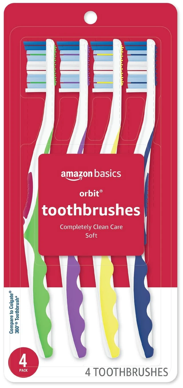 Main image of Amazon Basics Orbit Toothbrushes, Soft Bristles, Full Size, 4 Count, Assorted Colors