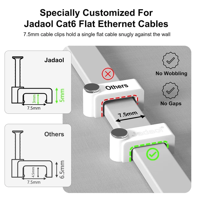 Alt view image 3 of 7 - Jadaol 100Pcs 7.5mm Cable Clips with Nails, Custom Fit for Jadaol Cat6 Flat Ethernet Cable, Wall Wire Tacks for RJ45 LAN, Coax, Speaker, and Network Cables