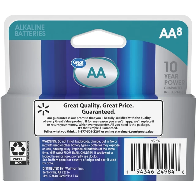 Alt view image 2 of 5 - Great Value Alkaline AA Batteries 8-Pack (Plastic-Free Packaging)