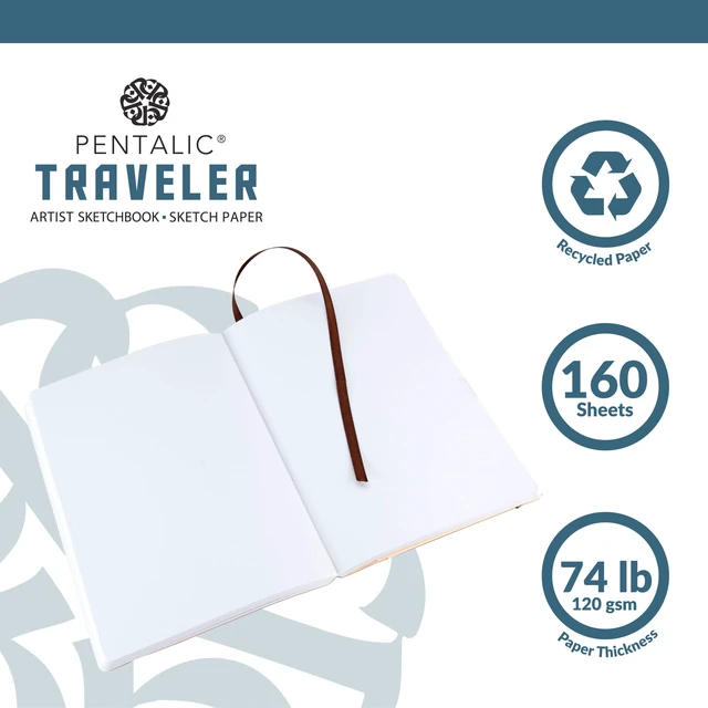 Alt view image 5 of 6 - Pentalic Traveler Pocket Artist Drawing Journal, 8" x 6", Brown, 160 Pages, 74 lb. Paper