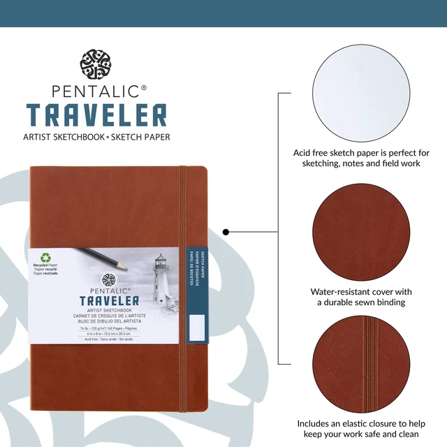 Alt view image 2 of 6 - Pentalic Traveler Pocket Artist Drawing Journal, 8" x 6", Brown, 160 Pages, 74 lb. Paper