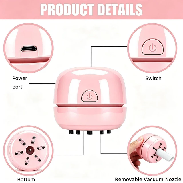 Alt view image 4 of 6 - YUNYILAN Desktop Vacuum Cleaner USB Recharging, Portable Mini for Cleaning Eraser Crumbs, Dust, Computer Keyboard and Car (Pink)