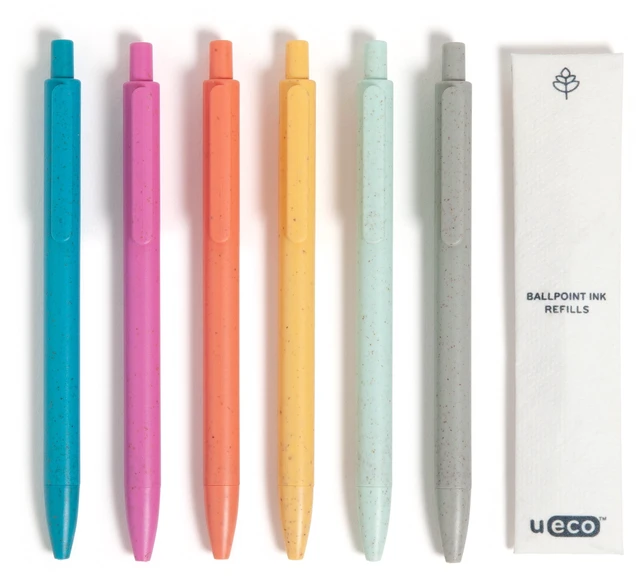 Main image of U Brands U-Eco Ballpoint Pens, 6 Pens + 6 Ink Pen Refills, Sunset Speckle, Medium 0.7mm Point, Black Ink