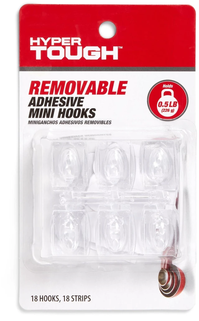 Main image of Hyper Tough Mini Removable Self-Adhesive Plastic Hooks, Clear, 18 Pieces, 0.5lb Capacity