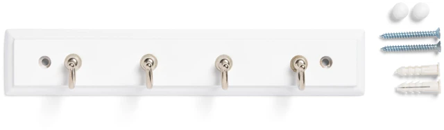 Main image of Mainstays White 8.75-Inch Key Rail with 4 Satin Nickel Hooks for Keys, Mail, Leashes, 2 lbs Capacity, 1 Pack