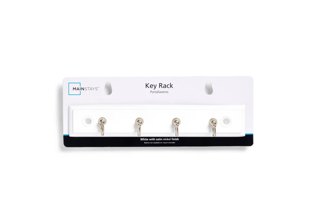 Alt view image 4 of 5 - Mainstays White 8.75-Inch Key Rail with 4 Satin Nickel Hooks for Keys, Mail, Leashes, 2 lbs Capacity, 1 Pack