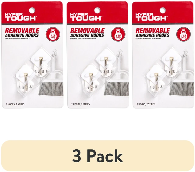 Main image of Hyper Tough Removable Hinged Adhesive Hooks, 3 Pack, White, 2 Count, 1lb Capacity
