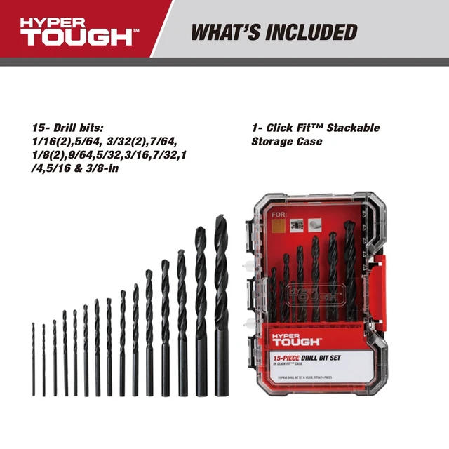 Alt view image 6 of 6 - Hyper Tough 41015CF 15-Piece Black Oxide Drill Bit Set with Click Fit Case
