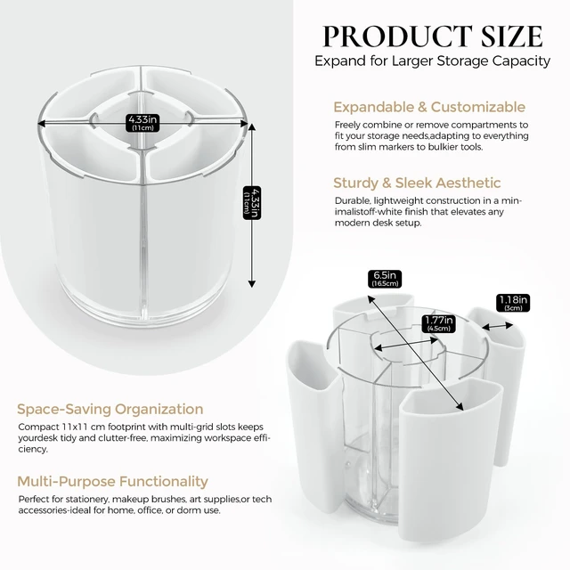 Alt view image 4 of 7 - KONVINIT 5-Slot 360 Rotating Pen Holder and Organizer, White, for School, Home, Office and Art Supply
