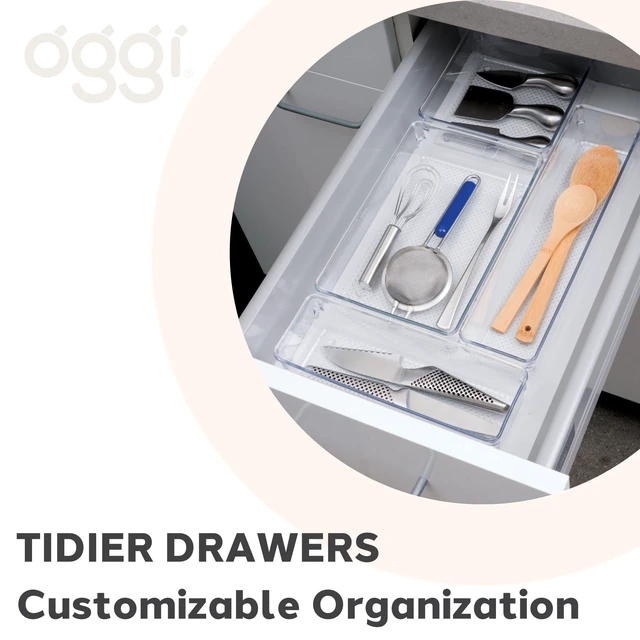 Alt view image 5 of 6 - Oggi Clear Drawer Organizer 3"x9.5" - Kitchen, Office, Desk, Silverware, Utensils, Cosmetics, Bathroom