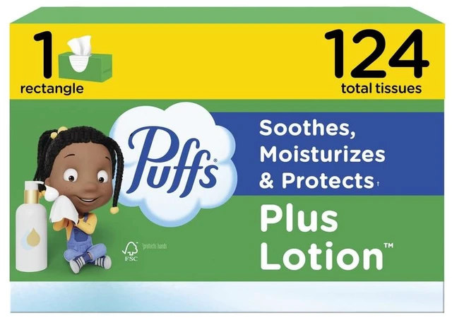 Main image of Puffs Facial Tissues Plus Lotion, 124 Facial Tissues (1 Family Rectangle Box), for Allergies and Colds (Packaging May Vary)