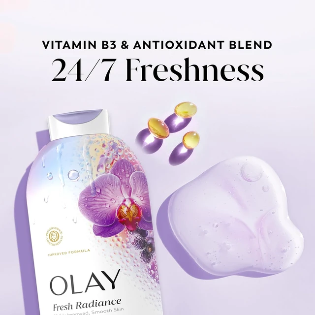 Alt view image 2 of 6 - Olay Body Wash, Fresh Radiance, Plant Based Cleansers, Vitamin B3 & Antioxidant Blend, 24/7 Skin-Loving Freshness, Visibly Radiant, Orchid & Black Currant Scent, 22 fl oz