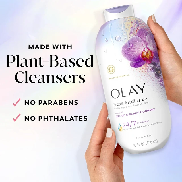 Alt view image 4 of 6 - Olay Body Wash, Fresh Radiance, Plant Based Cleansers, Vitamin B3 & Antioxidant Blend, 24/7 Skin-Loving Freshness, Visibly Radiant, Orchid & Black Currant Scent, 22 fl oz