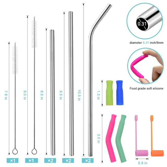 Alt view image 2 of 7 - Reusable Stainless Steel Straws Set 6 PCS with 6 Silicone Tips, 2 Straw Brushes, 1 Storage Case, Different Sizes of Metal Straws, Suitable for 14, 20, 30 oz Cups & Tumble