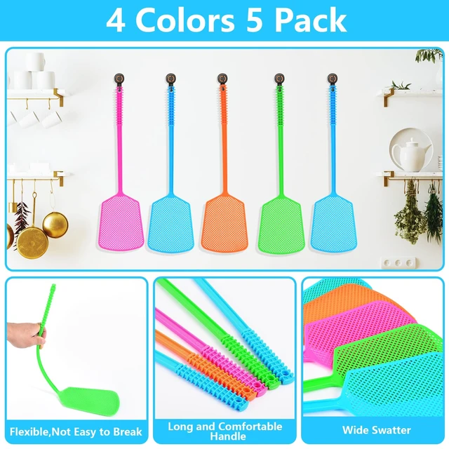 Alt view image 2 of 7 - 5 Pack Plastic Heavy Duty Long Handle Fly Swatter, Large Bug Swatter for Indoor and Outdoor Use