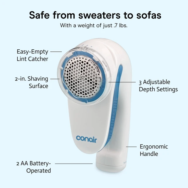 Alt view image 5 of 6 - Conair Fabric Shaver and Lint Remover, Battery-Operated Portable, 3 Settings, 2-Inch Shaving Head, for Sweaters, Clothing & Furniture, White