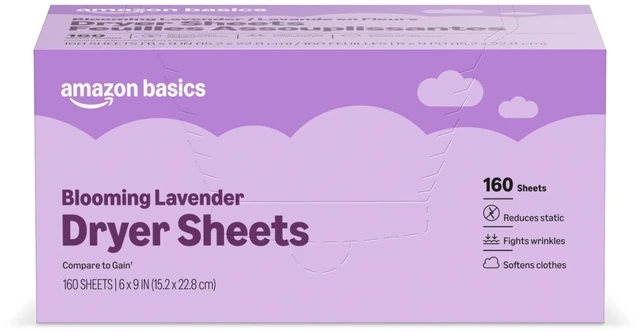 Main image of Amazon Basics Dryer Sheets Laundry Fabric Softener, Blooming Lavender, Reduces Static Cling and Fights Wrinkles, 160 Count