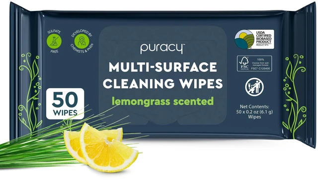 Main image of Puracy All Purpose Cleaning Wipes 50 Count (1 Pack) Lemongrass Scent Non Toxic Multi-Surface & Appliance for Car Bathroom Kitchen