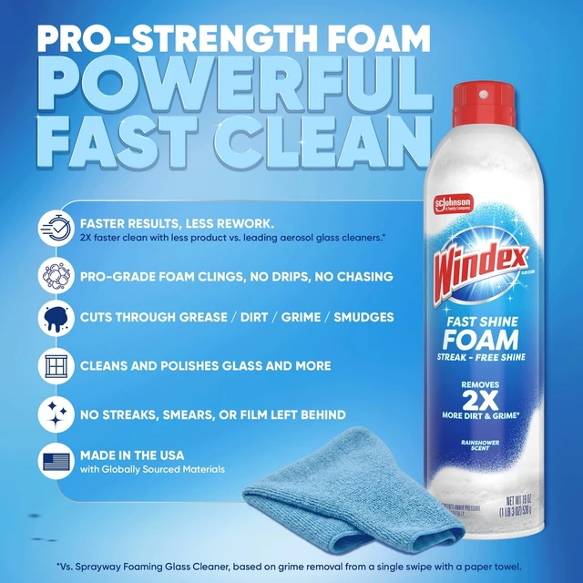 Alt view image 6 of 6 - Windex Fast Shine Foam Glass Cleaner No-Drip Streak-Free Aerosol Spray for Windows Doors Mirrors Countertops 19oz 2-Pack