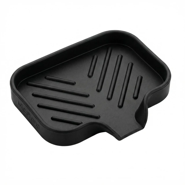 Main image of MicoYang Silicone Soap Dish with Drain Spout, Self-Draining Sink Tray, Non-Slip, Dishwasher Safe, Black, 4.9"3.2" for Bath Kitchen Sponge, Dispenser, Soap Holder