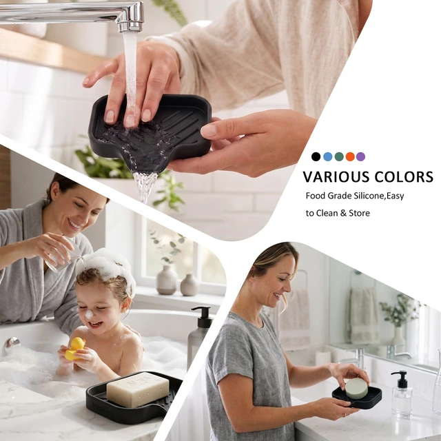 Alt view image 2 of 6 - MicoYang Silicone Soap Dish with Drain Spout, Self-Draining Sink Tray, Non-Slip, Dishwasher Safe, Black, 4.9"3.2" for Bath Kitchen Sponge, Dispenser, Soap Holder