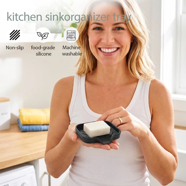Alt view image 3 of 6 - MicoYang Silicone Soap Dish with Drain Spout, Self-Draining Sink Tray, Non-Slip, Dishwasher Safe, Black, 4.9"3.2" for Bath Kitchen Sponge, Dispenser, Soap Holder