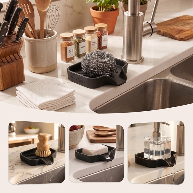 Alt view image 6 of 6 - MicoYang Silicone Soap Dish with Drain Spout, Self-Draining Sink Tray, Non-Slip, Dishwasher Safe, Black, 4.9"3.2" for Bath Kitchen Sponge, Dispenser, Soap Holder
