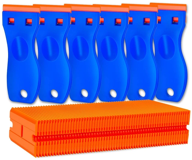 Main image of 6-Pack Plastic Razor Scraper with 60 Plastic Blades for Removing Labels, Decals, Stickers from Car Window Glass, Floor, Stove
