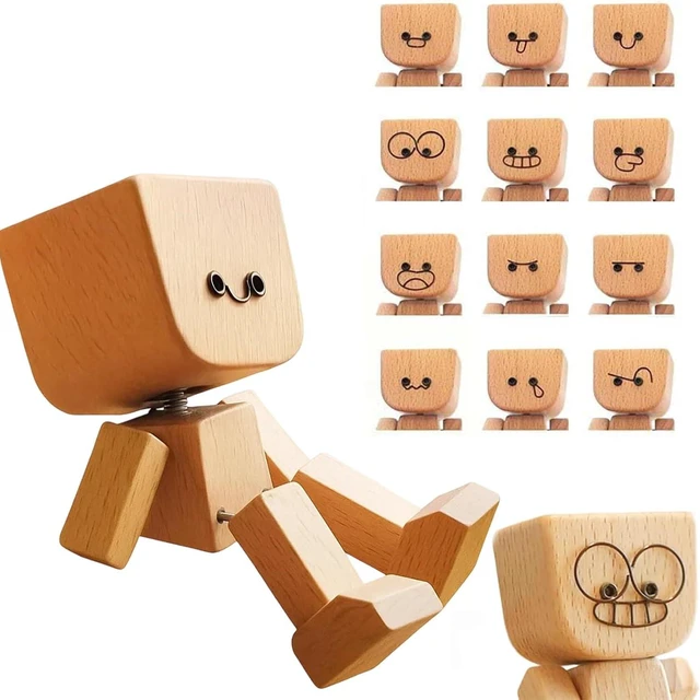 Main image of Shaking Wooden Man Figurine with 12 Magnetic Expressions, Dancing Feet Doll for Car Dashboard Decor, Wood Desktop Ornament
