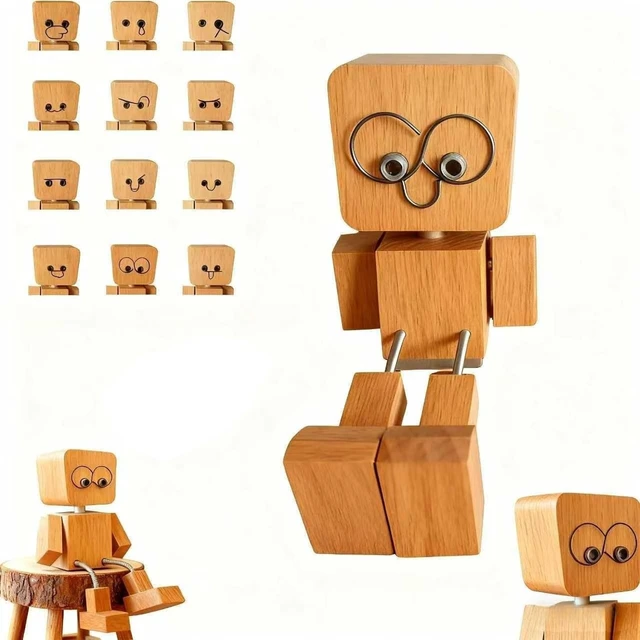 Alt view image 2 of 7 - Shaking Wooden Man Figurine with 12 Magnetic Expressions, Dancing Feet Doll for Car Dashboard Decor, Wood Desktop Ornament