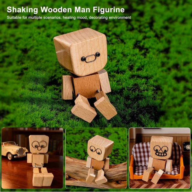 Alt view image 7 of 7 - Shaking Wooden Man Figurine with 12 Magnetic Expressions, Dancing Feet Doll for Car Dashboard Decor, Wood Desktop Ornament