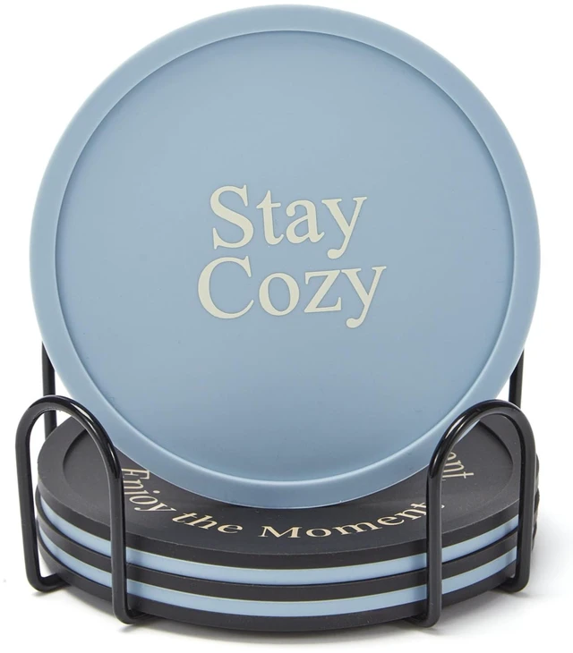 Main image of HiramWare Silicone Coasters Set of 6 with Holder, Non-Slip Non-Stick Dishwasher Safe, for Hot and Cold Drinks, 3 Morandi Blue + 3 Black