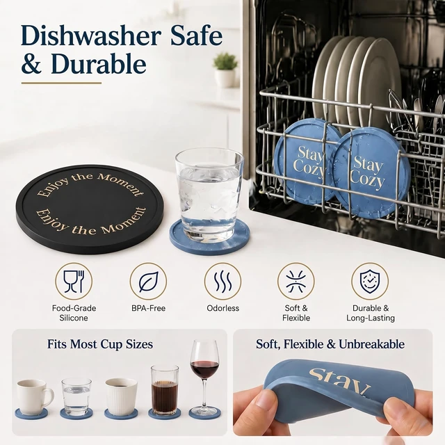 Alt view image 4 of 6 - HiramWare Silicone Coasters Set of 6 with Holder, Non-Slip Non-Stick Dishwasher Safe, for Hot and Cold Drinks, 3 Morandi Blue + 3 Black