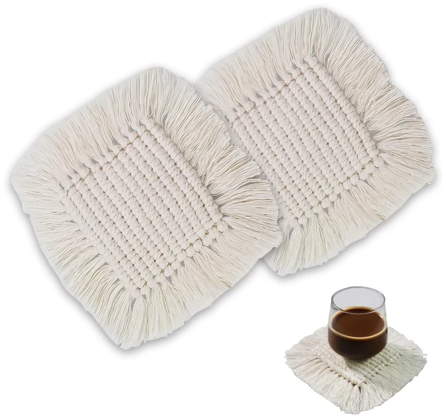 Main image of Boho Macrame Coasters Set of 2, 6.3in Round Handmade Woven Absorbent Drink Coasters, Boho Home Decor, Office Desk, Kitchen, Dining Room, Bar (S-Beige)
